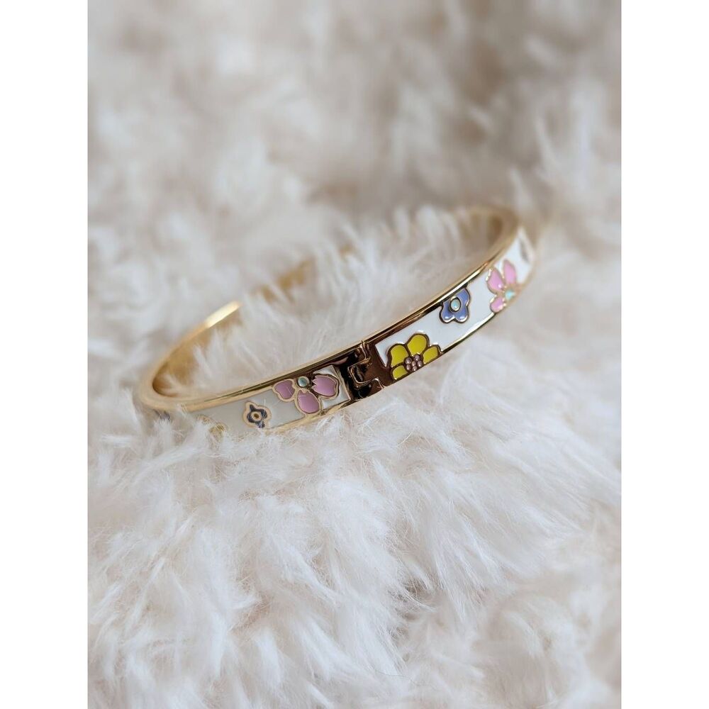 TORY BURCH Kira Flower Enamel Double T Logo Gold Bangle Bracelet - Picture 3 of 7